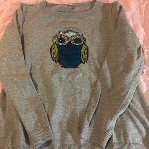 Talbots 100% Cotton Gray Sweater with Blue and green Owl Design size MP